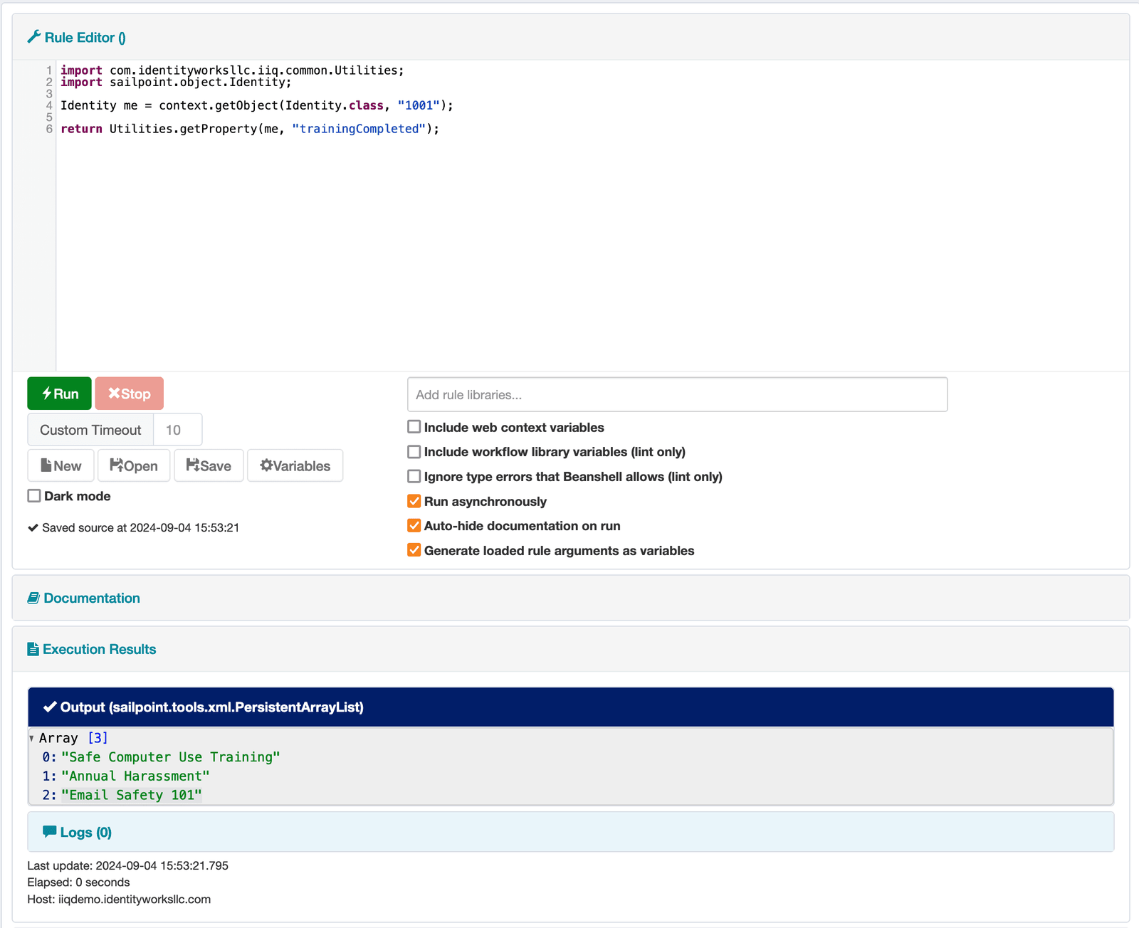 Rule Runner main view, showing a Beanshell rule, a variety of option buttons, and the output of running the rule